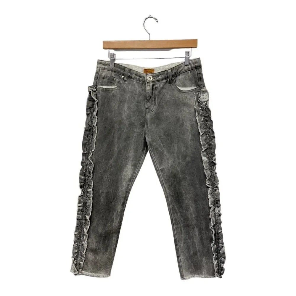 POL | Anthropologie Jeans Pol Ruffle Side Crochet Trim Mid Rise Cropped Gray M - Picture 4 of 12